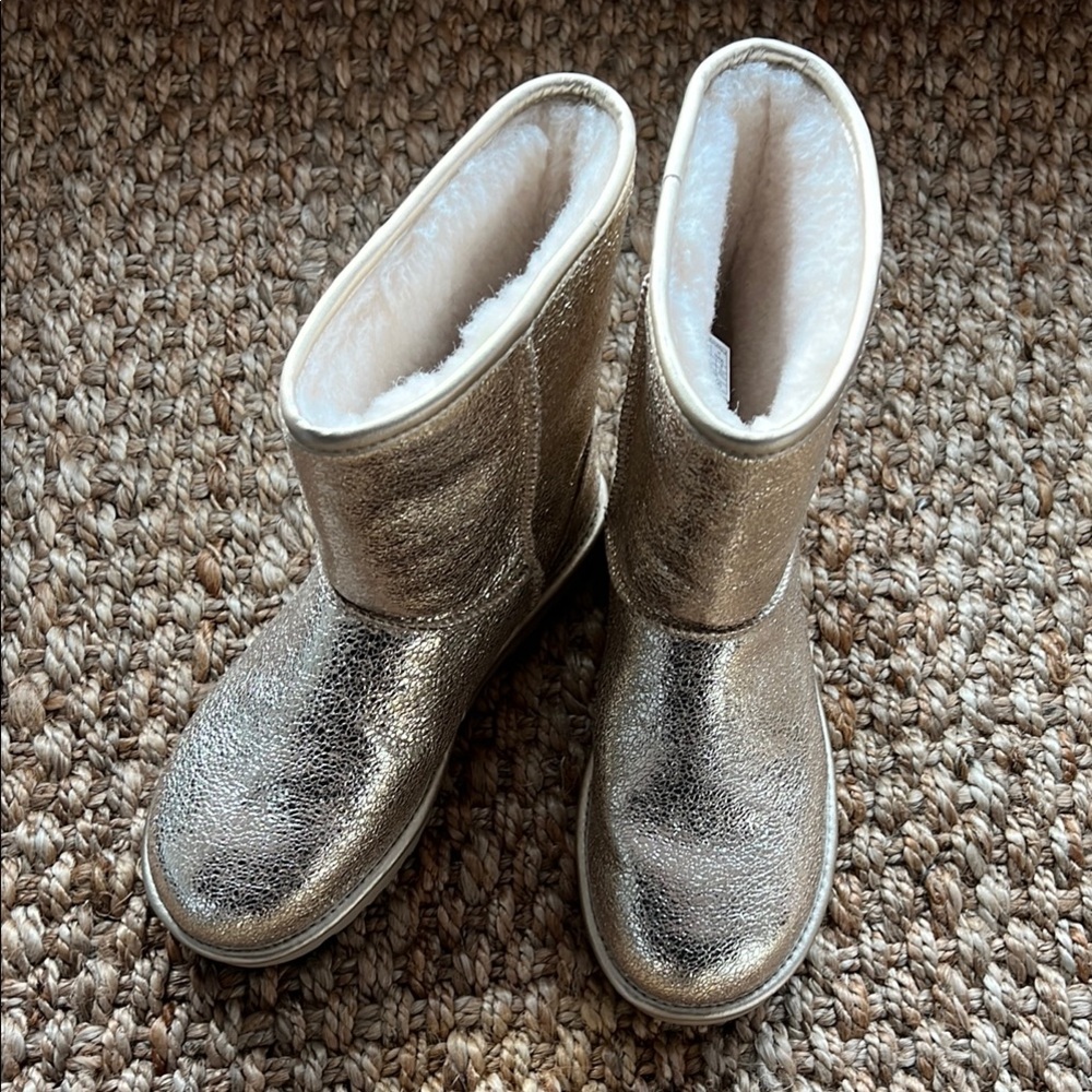 UGG Metallic Gold Shearling Boots — genuine sheepskin lining, warm, and stylish